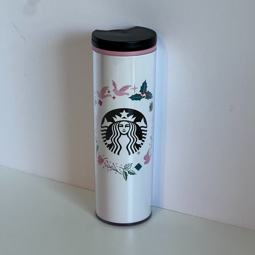Starbucks Holiday Tall White Pink Doves Insulated Travel Tumbler Cup 16 oz w/Lid